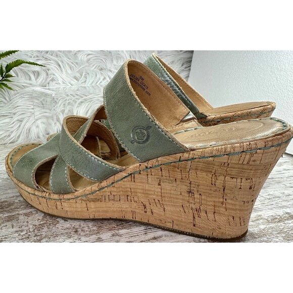 Born Zemora Slip On Leather Wedge Sandal Shoe Women's Sz 9 Green Metallic Beachy - Picture 11 of 13